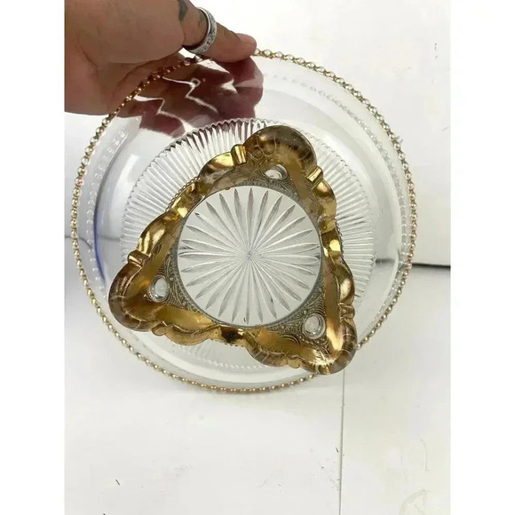 VTG Three Footed Clear Cut Pressed Glass Bowl Gold 3D Embossed Trim - Picture 6 of 13